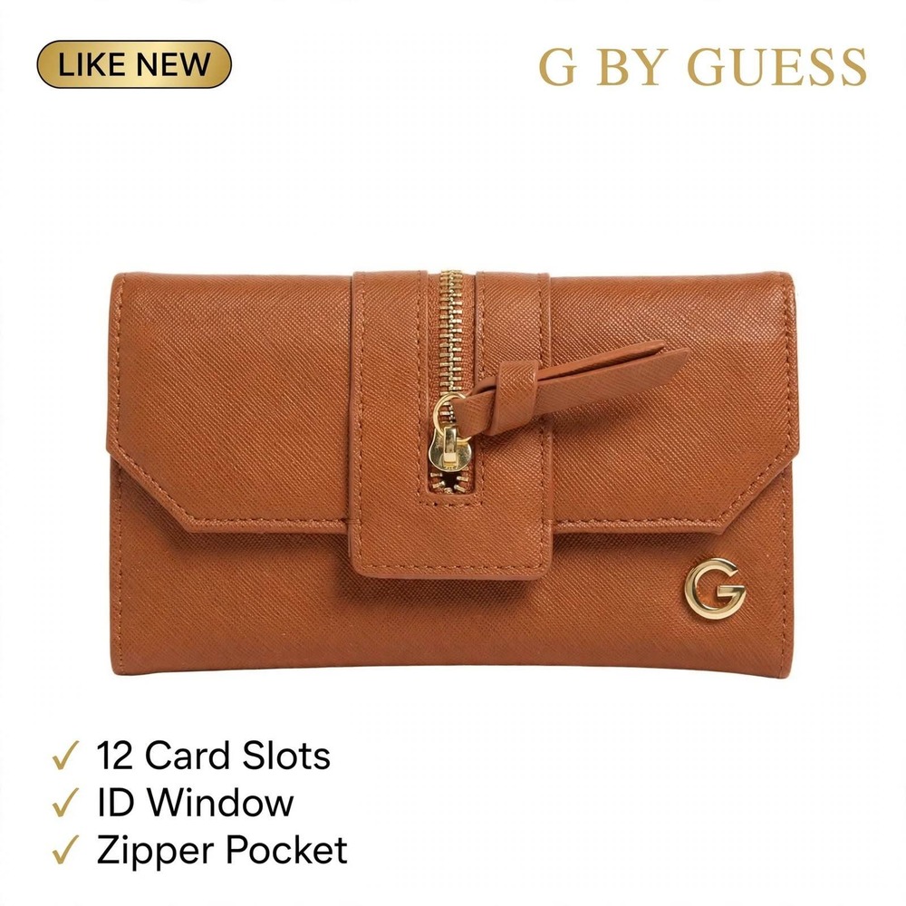 G by GUESS Cognac Brown Saffiano Tri-Fold Wallet Gold Logo 12 Card Slots